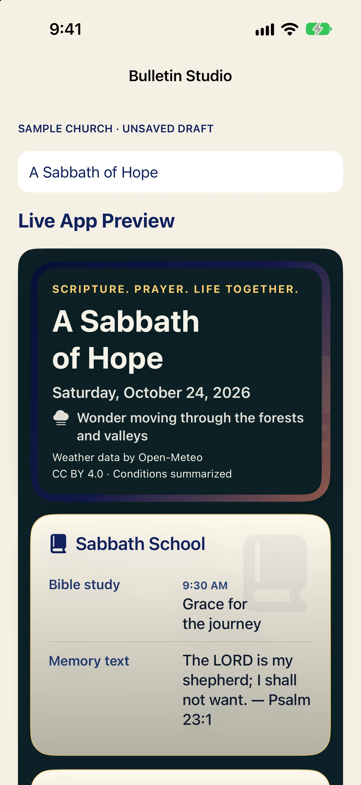 The updated Bulletin Studio with a live preview of an unsaved sample church bulletin