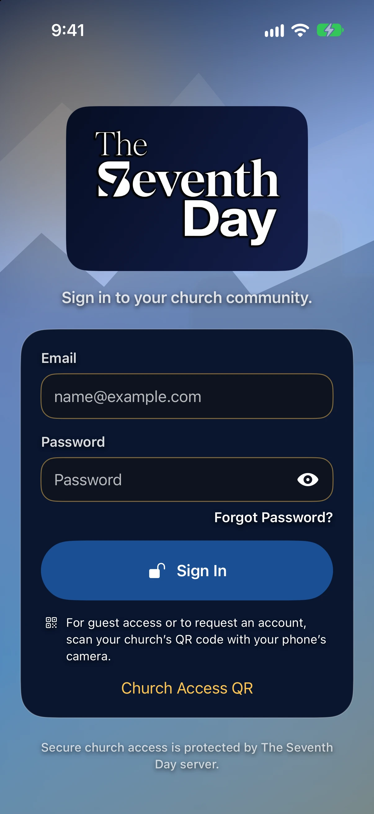 The Seventh Day’s updated sign-in screen with church QR guidance